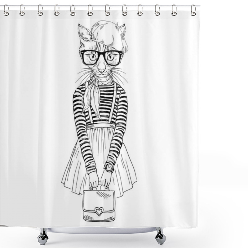 Personality  Cat Girl Dressed Up In French Chic Style Shower Curtains