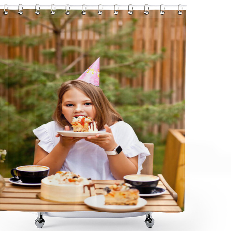 Personality  Happy Adorable Girl Eating Birthday Cake In Cafe Terrace. 10 Year Old Celebrate Birthday Shower Curtains