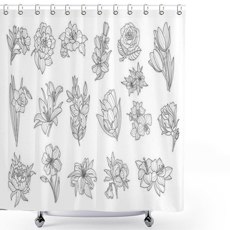 Personality  Set Of Beautiful Monochrome Flowers. Lily, Tulip, Peony, Rose, Daffodil, Calendula, Pansy, Petunia. Sketchy Icons. Hand Drawn Vector Elements For Tattoo Or Decor Shower Curtains