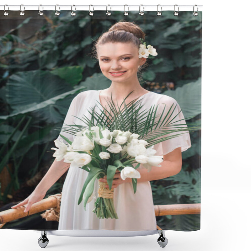 Personality  Smiling Bride Posing In White Dress With Wedding Bouquet In Tropical Garden Shower Curtains