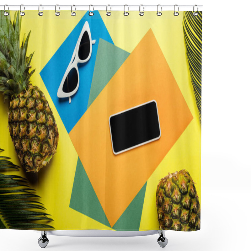 Personality  Top View Of Green Palm Leaves, Sunglasses, Smartphone And Ripe Pineapples On Colorful Background Shower Curtains