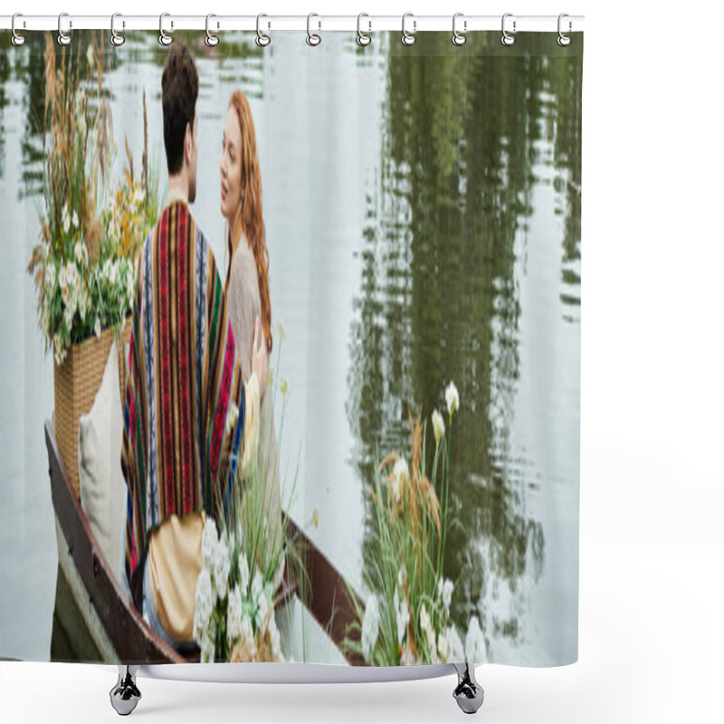 Personality  A Couple In Boho Attire Peacefully Row A Boat Adorned With Flowers In A Lush Green Park. Shower Curtains