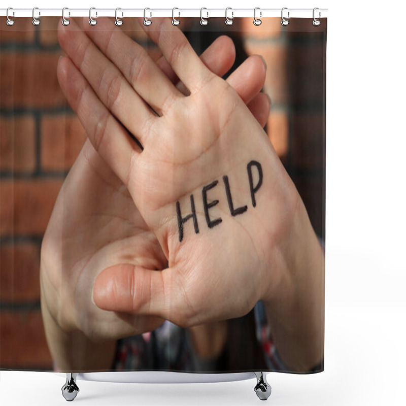 Personality  Domestic Violence Concept. Woman Hiding Her Face, Focus On Hands With Written Word Help Shower Curtains