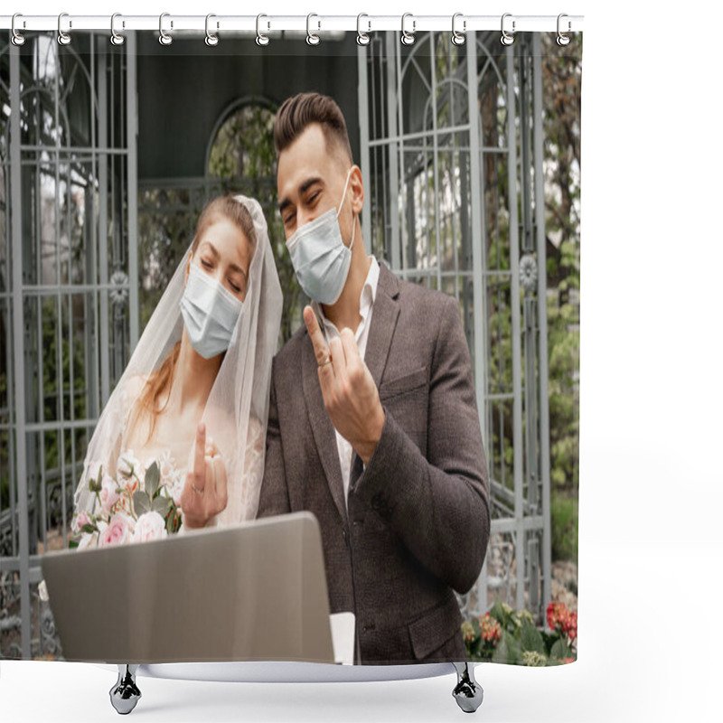 Personality  Newlyweds In Protective Masks Showing Wedding Rings During Video Chat On Laptop Shower Curtains