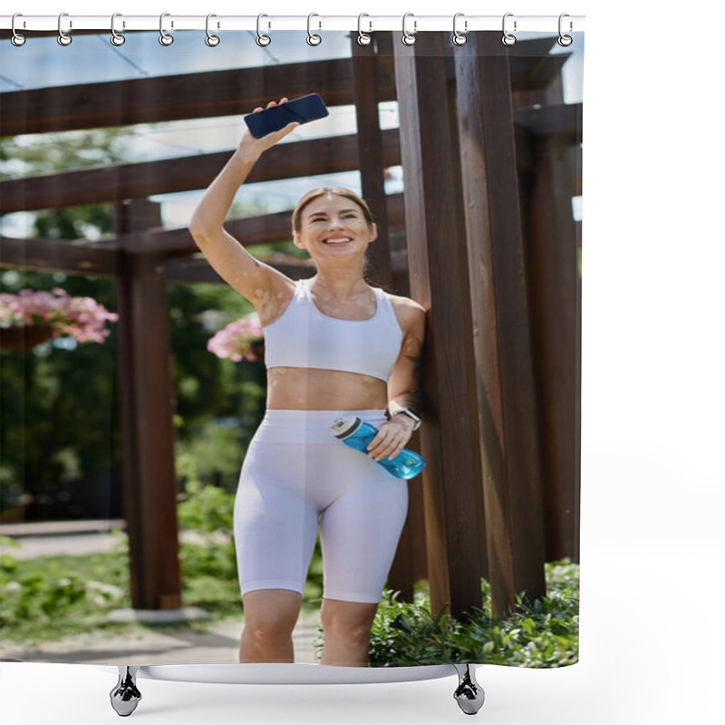 Personality  A Young Woman In White Athletic Wear Smiles And Waving After A Workout In A Park. Shower Curtains