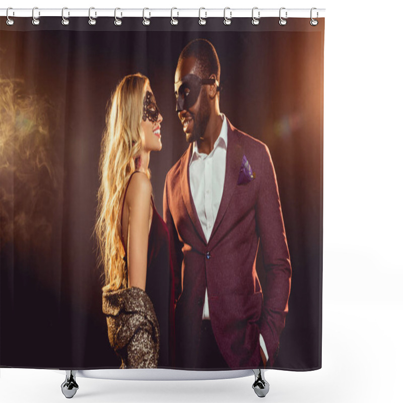 Personality  Beautiful Multicultural Couple In Carnival Masks For New Year Party With Backlit Shower Curtains