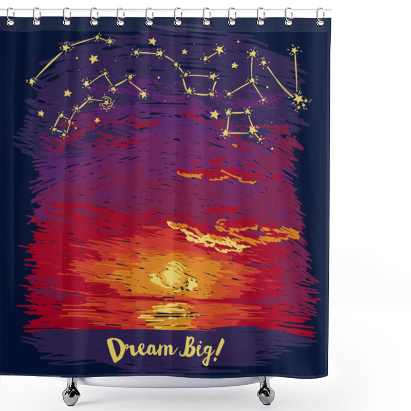 Personality  Poster For Dreams With Ocean Sunset And Starry Sky In Sketch Style Shower Curtains