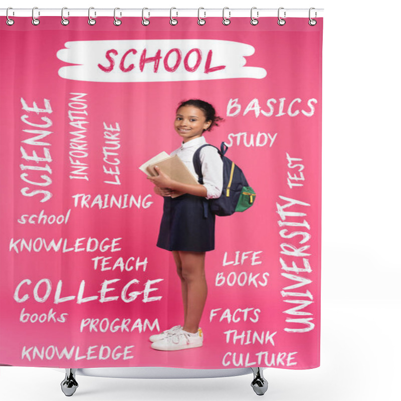 Personality  African American Schoolgirl With Backpack Holding Books Near School Lettering On Pink  Shower Curtains