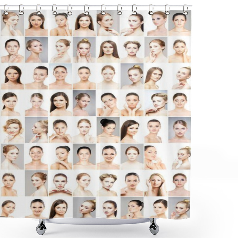 Personality  Collage Of Beautiful, Healthy And Young Spa Female Portraits. Faces Of Different Women. Face Lifting, Skincare, Plastic Surgery And Make-up Concept. Shower Curtains