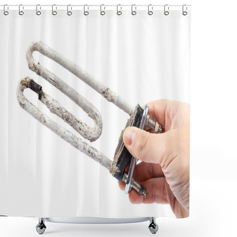 Personality  Damaged Heating Element Of The Washing Machine In A Hand. Shower Curtains