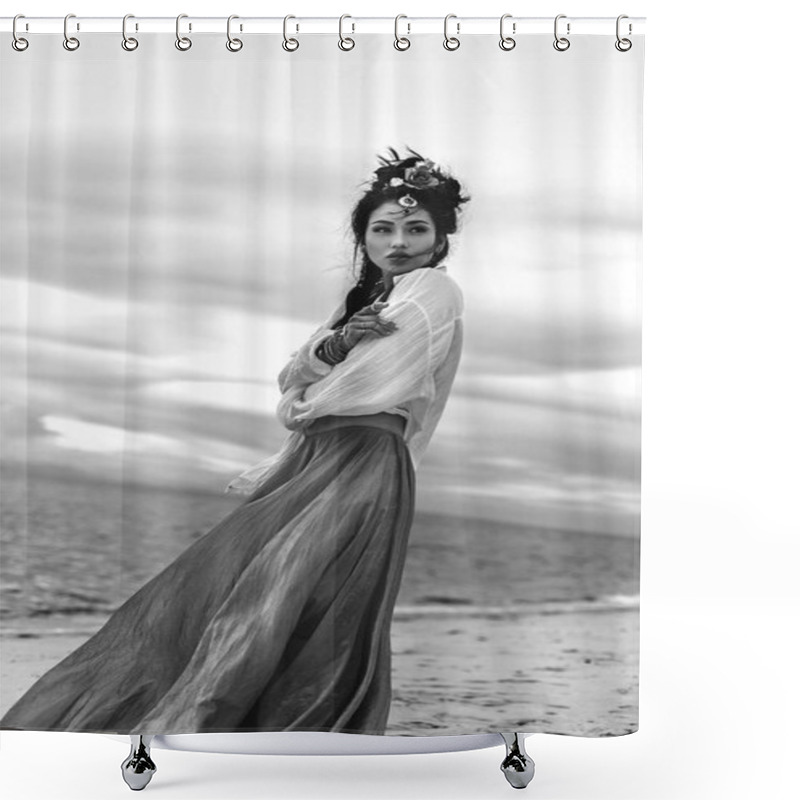 Personality  Oriental Stylish Boho Girl On The Beach At Sunset Shower Curtains