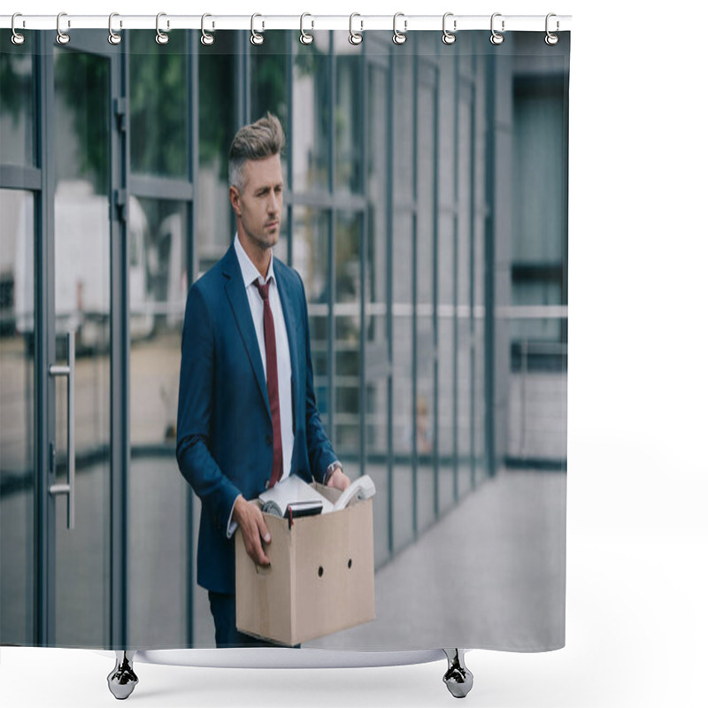 Personality  Sad And Fired Businessman Standing Near Building And Holding Carton Box  Shower Curtains