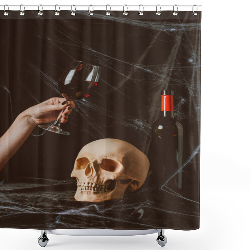 Personality  Cropped View Of Woman Holding Glass Of Red Wine Near Skull On Black Cloth With Spider Web Shower Curtains