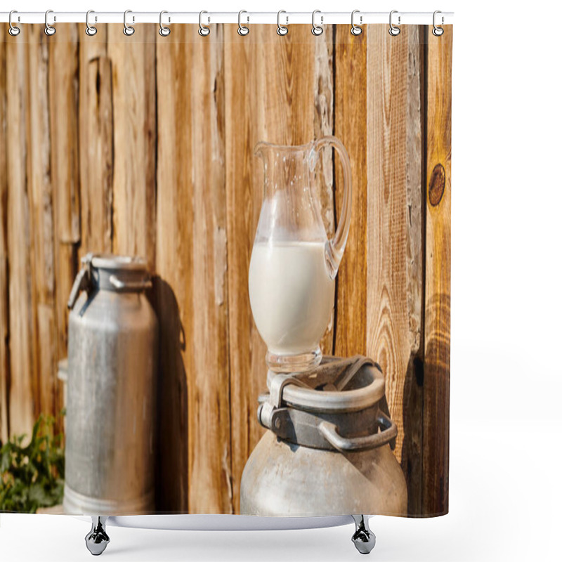 Personality  Object Photo Of Metal Churn And Jar Of Fresh Milk Placed Outside Nearby Village House On Modern Farm Shower Curtains