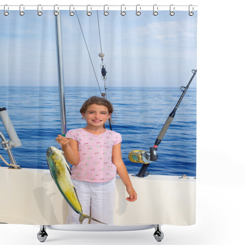 Personality  Child Girl Fishing In Boat With Mahi Mahi Dorado Fish Catch Shower Curtains