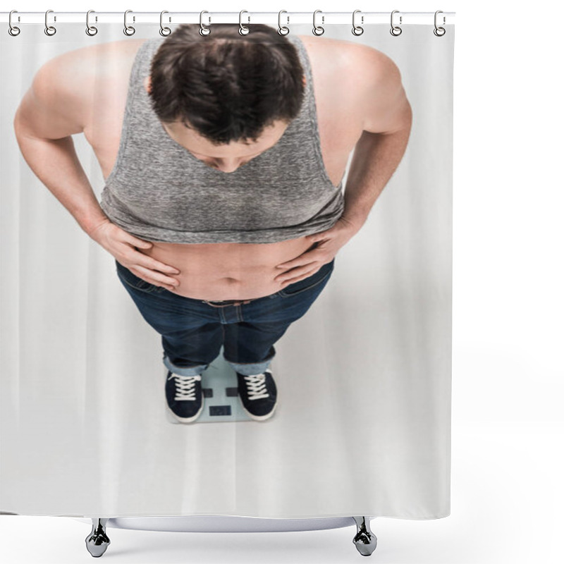 Personality  High Angle View Of Overweight Man Holding Belly While Standing On Electronic Weight Scales Isolated On White Shower Curtains