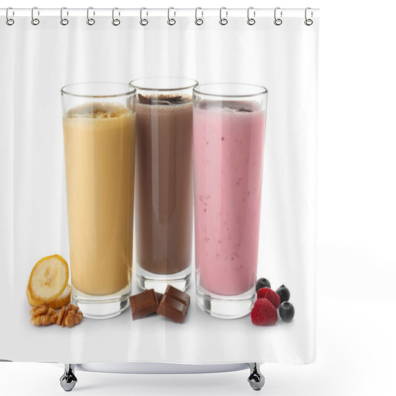 Personality  Glasses With Different Protein Shakes And Ingredients Isolated On White Shower Curtains