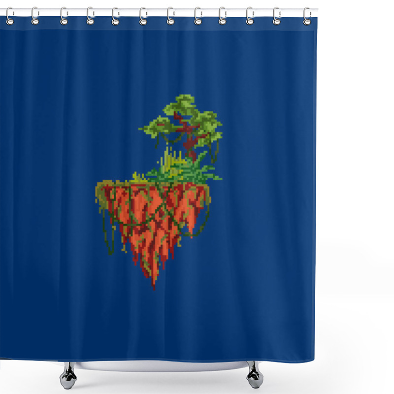 Personality  Pixel Flying Island. For Game And Mobile Applications. Stone Island With Trees, Grass And Other Plants. Shower Curtains