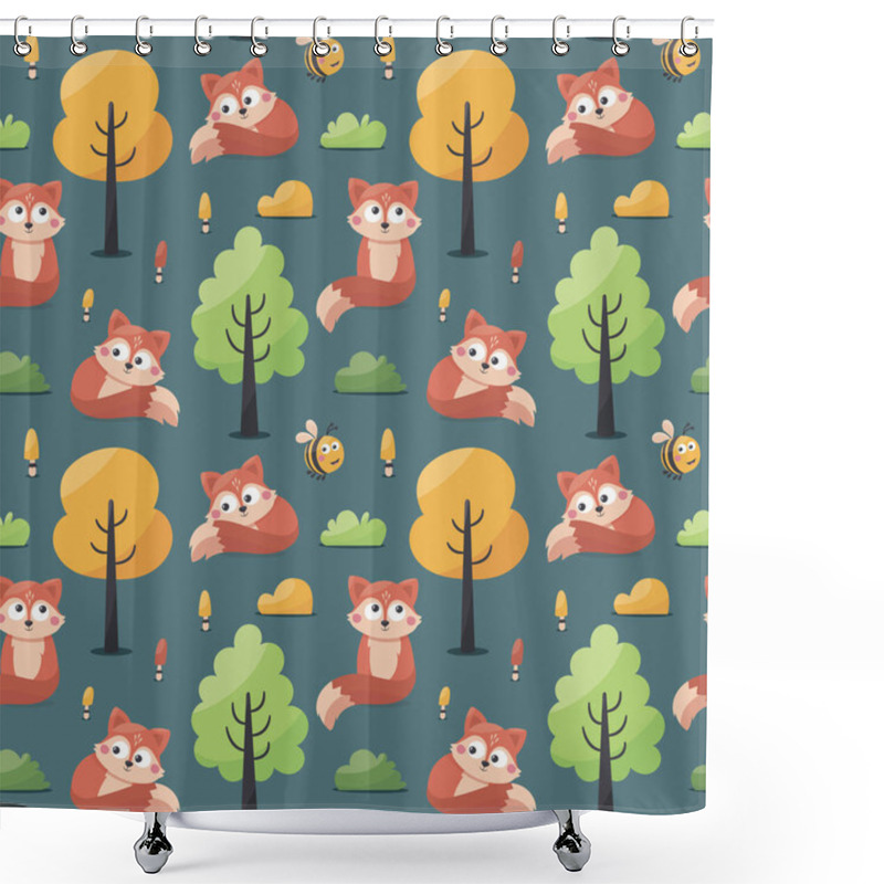 Personality  Seamless Woodland Forest Vector Pattern With Fox, Trees And Plants Shower Curtains