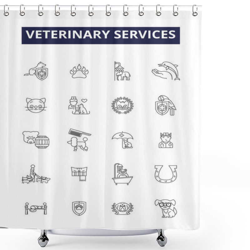 Personality  Veterinary Services Line Vector Icons And Signs. Veterinary, Care, Clinic, Services, Treatments, Wellness, Surgery, Emergency Vector Outline Illustration Set Shower Curtains