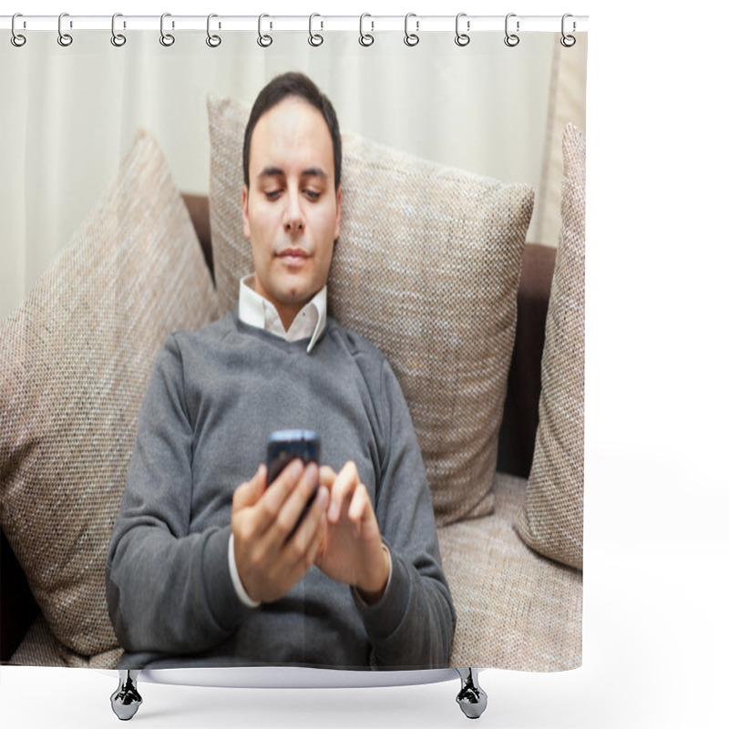 Personality  Man Using His Mobile Phone Shower Curtains