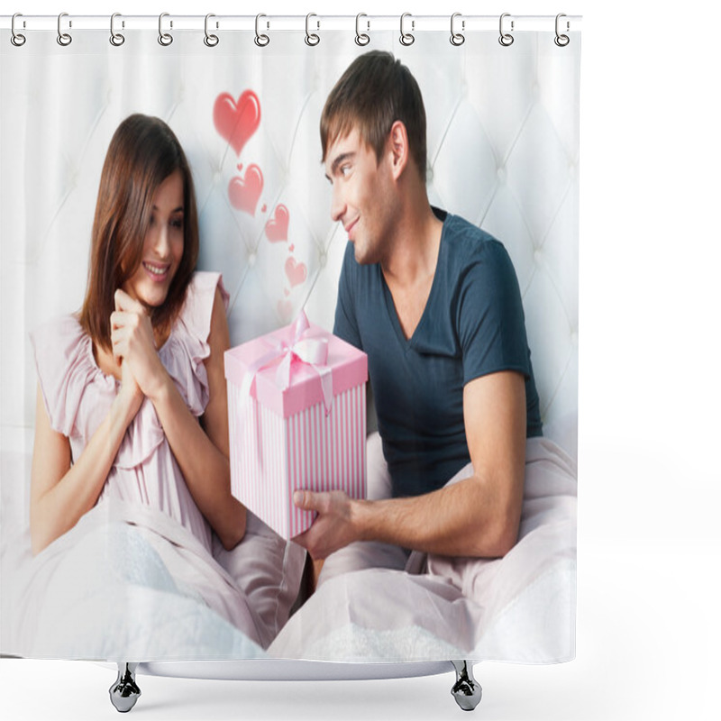 Personality  Close-up Portrait Of A Happy Young Couple Relaxing On The Bed. Man Making A Gift To His Girlfriend. Saint Valentine Concept. Graphic Heart Shower Curtains