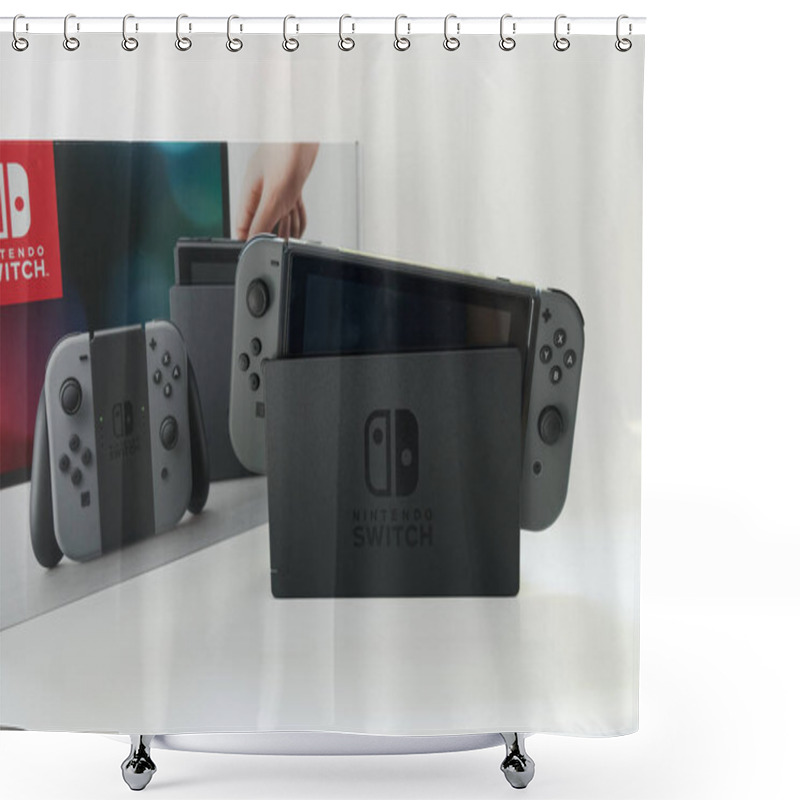 Personality  Thailand , Bangkok - June 16, 2019 Nintendo Switch Box And Control With Display And Stand On White Background Shower Curtains