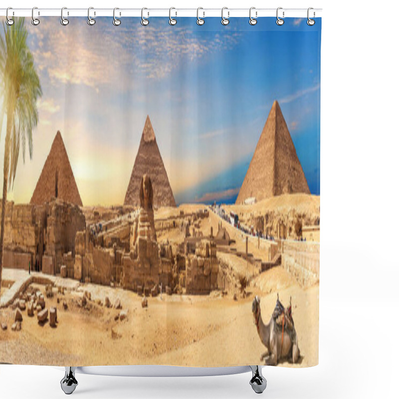 Personality  Egypt Pyramids And Sphinx Panorama Behind The Palm With A Camel Lying By, Cairo, Giza. Shower Curtains