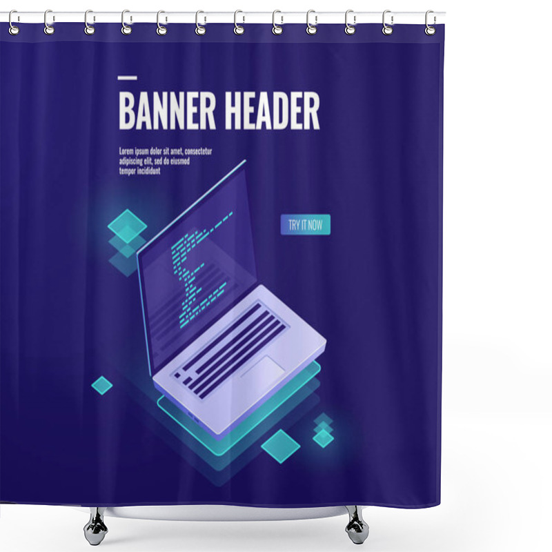 Personality  Program Code On Laptop Screen Isometric Vector, Office Work, Software Development And Data Statistic And Analysis Shower Curtains