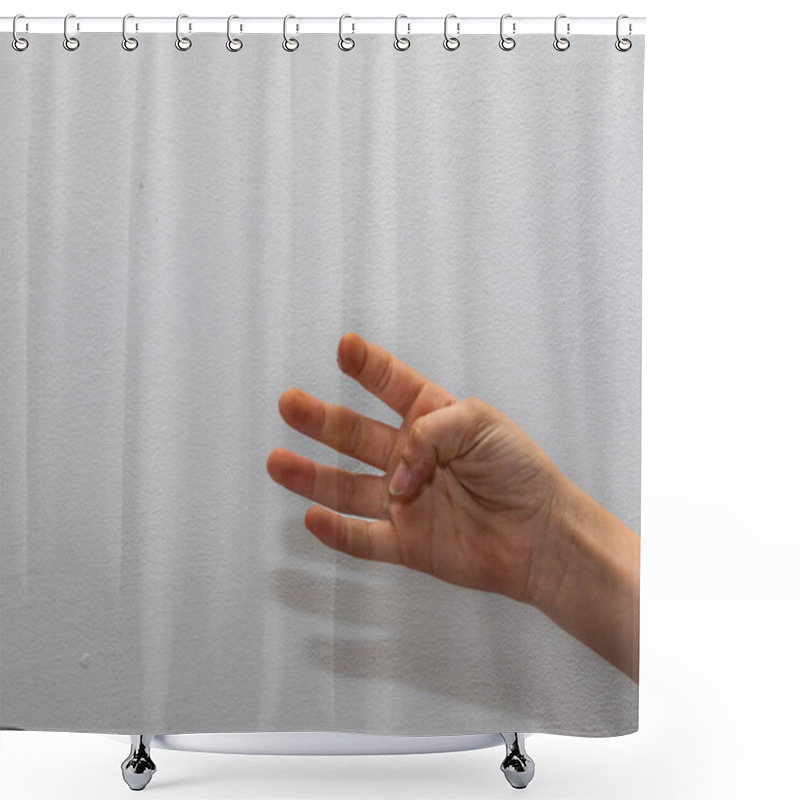 Personality  Human Hand Displays The Number Four With Fingers Against A Plain White Background, Signifying Counting Or Multiple Options Shower Curtains