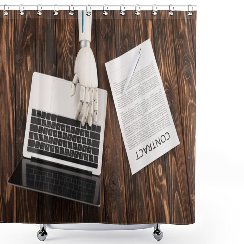 Personality  Cropped Shot Of Robot Working With Laptop On Wooden Surface With Business Contract Shower Curtains