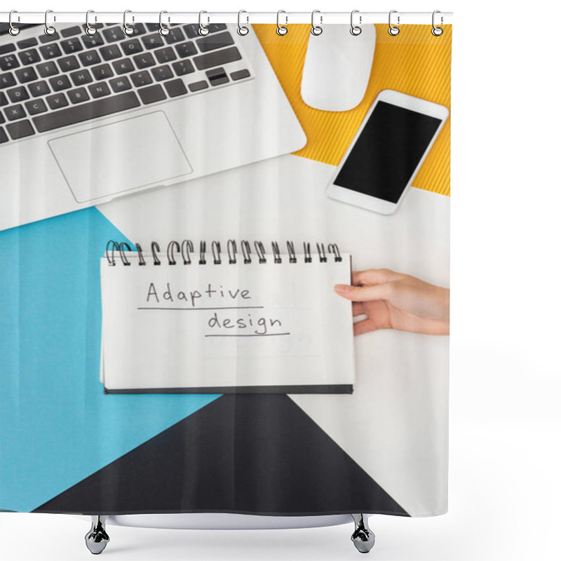 Personality  Cropped View Of Woman Holding Notebook With Adaptive Design Lettering Near Laptop, Smartphone, Computer Mouse On Abstract Geometric Background Shower Curtains