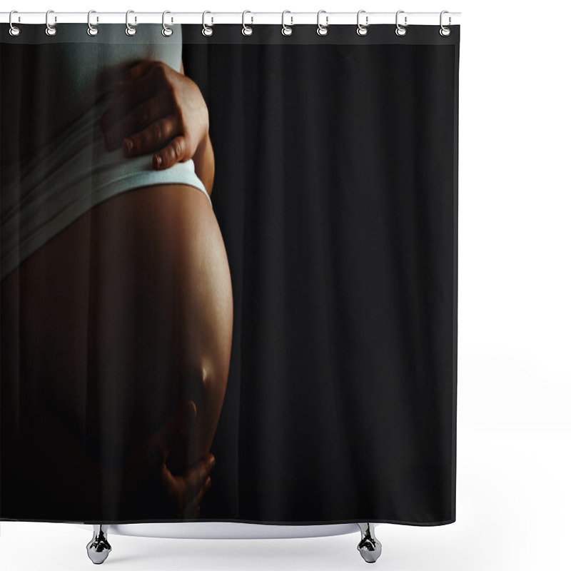 Personality  Belly Of Pregnant Woman Monochrome On Dark Background Shower Curtains