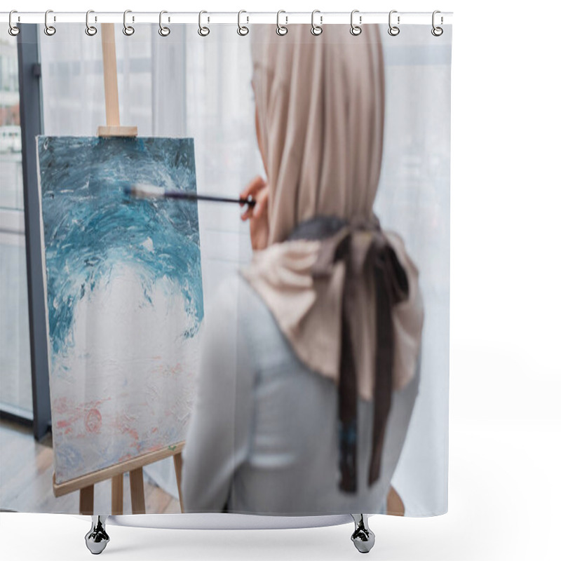 Personality  Back View Of Blurred Muslim Woman Drawing Picture At Home Shower Curtains