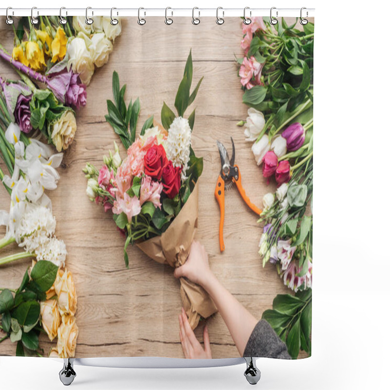 Personality  Cropped View Of Florist Making Flower Bouquet On Wooden Surface Shower Curtains