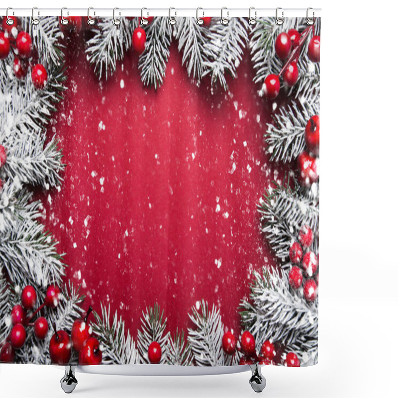 Personality  Merry Christmas And Happy Holidays Greeting Card, Frame, Banner. New Year. Noel. Christmas Ornaments, Envelope Cover And Fir Tree On Red Background Top View. Winter Holiday Theme. Flat Lay. Shower Curtains