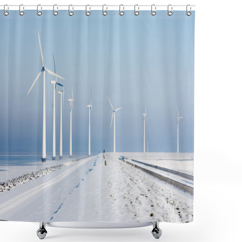 Personality  Long Row Of Windturbines In A Dutch Winter Landscape Shower Curtains