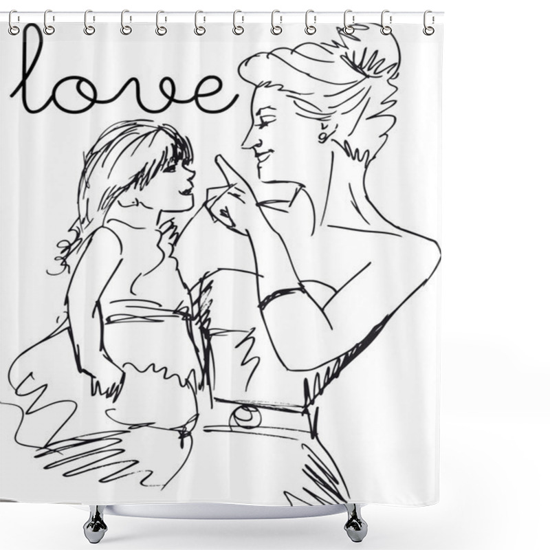 Personality  Sketch Of Little Girl Having Fun With Her Beautiful Mother. Shower Curtains