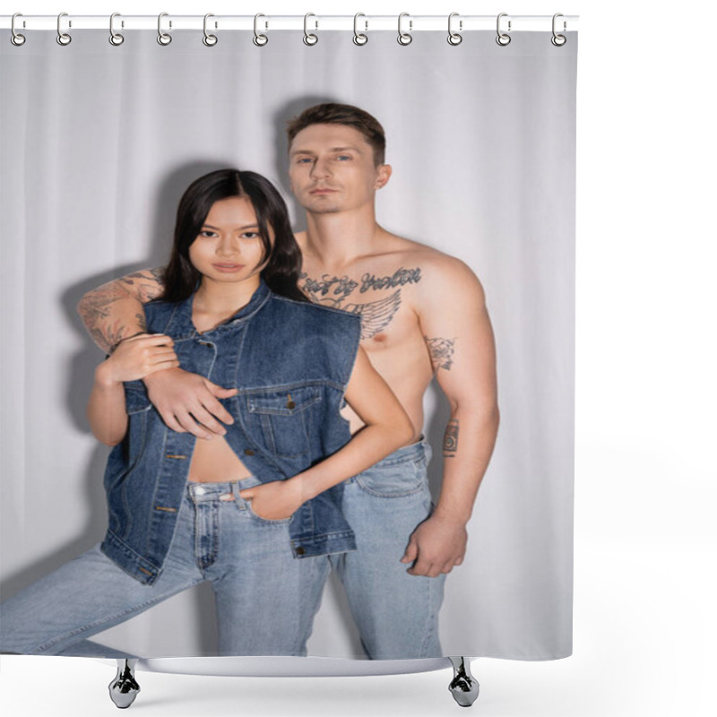 Personality  Shirtless Tattooed Man And Asian Woman In Denim Outfit Looking At Camera While Posing On Grey Background Shower Curtains