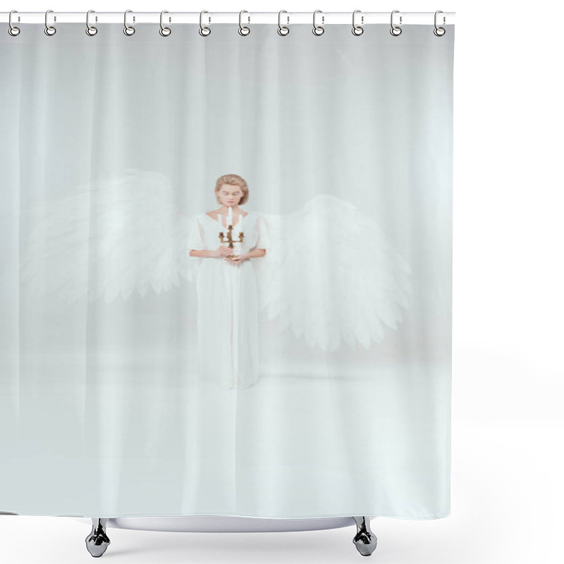 Personality  Beautiful Woman In Angel Costume With Wings And Eyes Closed Holding Candelabrum With Candles On White Background Shower Curtains