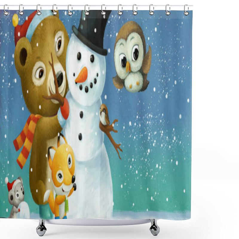 Personality  Cartoon Christmas Scene With Different Animals And Snowman Illustration For Children Shower Curtains