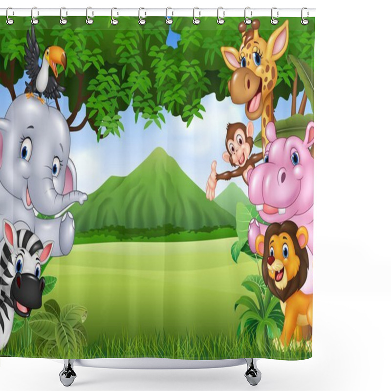 Personality  Cartoon Wild Animals With Nature Landscape Background Shower Curtains