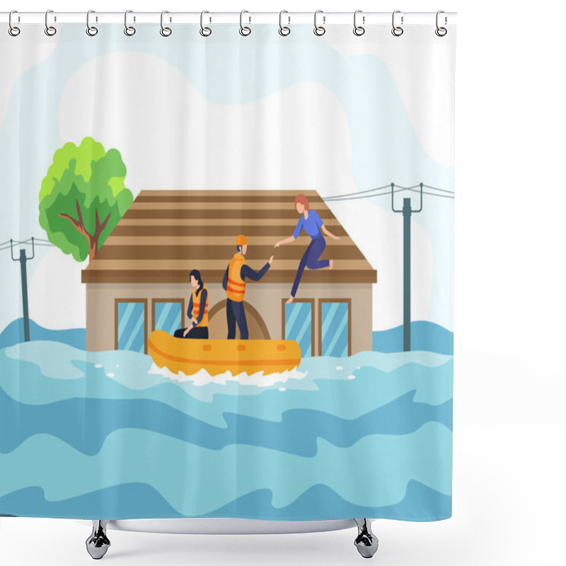 Personality  Flood Disaster Illustration Concept. Rescuer Helped People By Boat From Sinking House And Through Flooded Road. People Saved From Flooded Area Or Town, Natural Disaster Concept. Vector In A Flat Style Shower Curtains