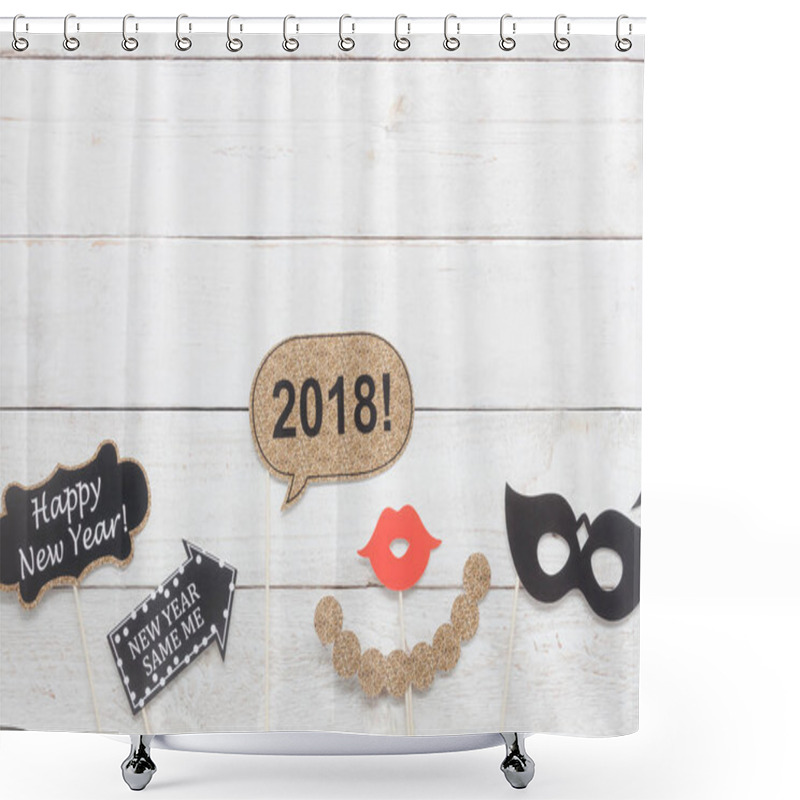 Personality  Above View Aerial Image Of DIY Photo Booth Props Decorations Happy New Year 2018 Home Party Decor Background Concept.Table Top Item On Modern Rustic White Wood At Home Office Desk Studio & Copy Space. Shower Curtains