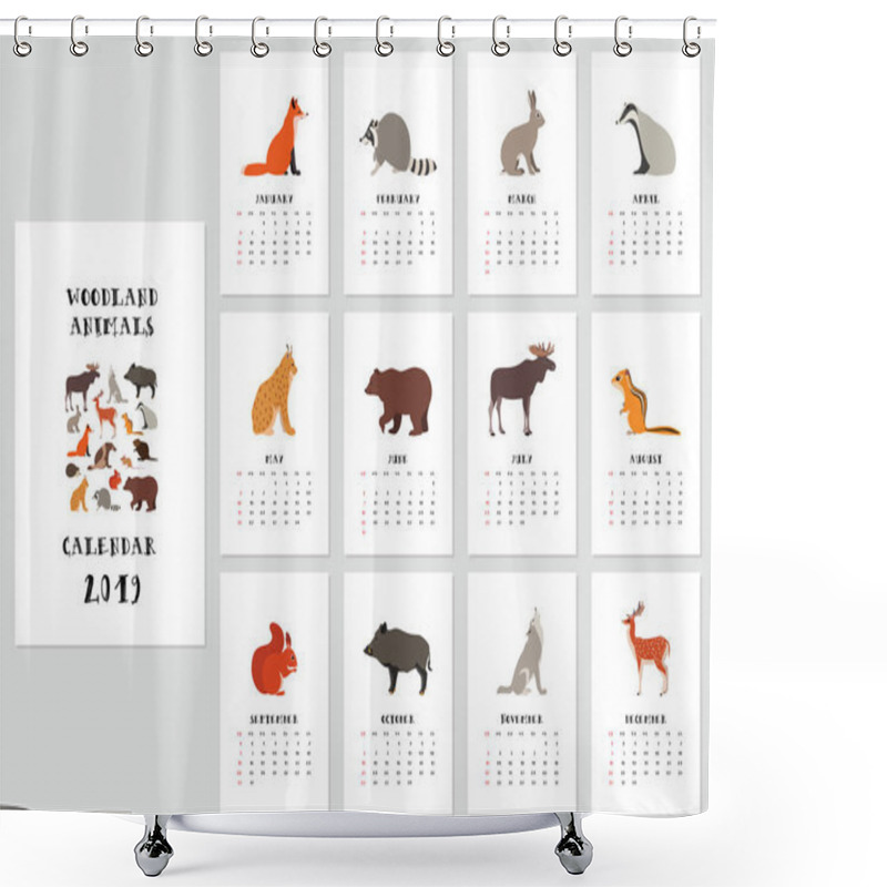 Personality  Vector Monthly Calendar With Woodland Animals Shower Curtains