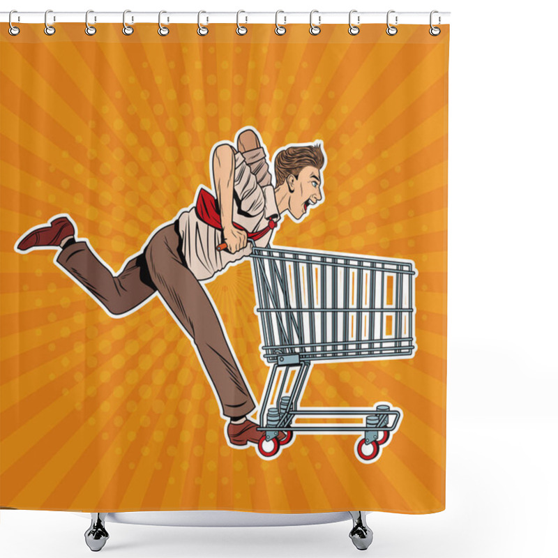 Personality  Businessman Pushing Shopping Cart Shower Curtains