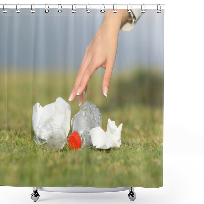 Personality  Woman Hand Collecting Garbage In The Mountain Shower Curtains