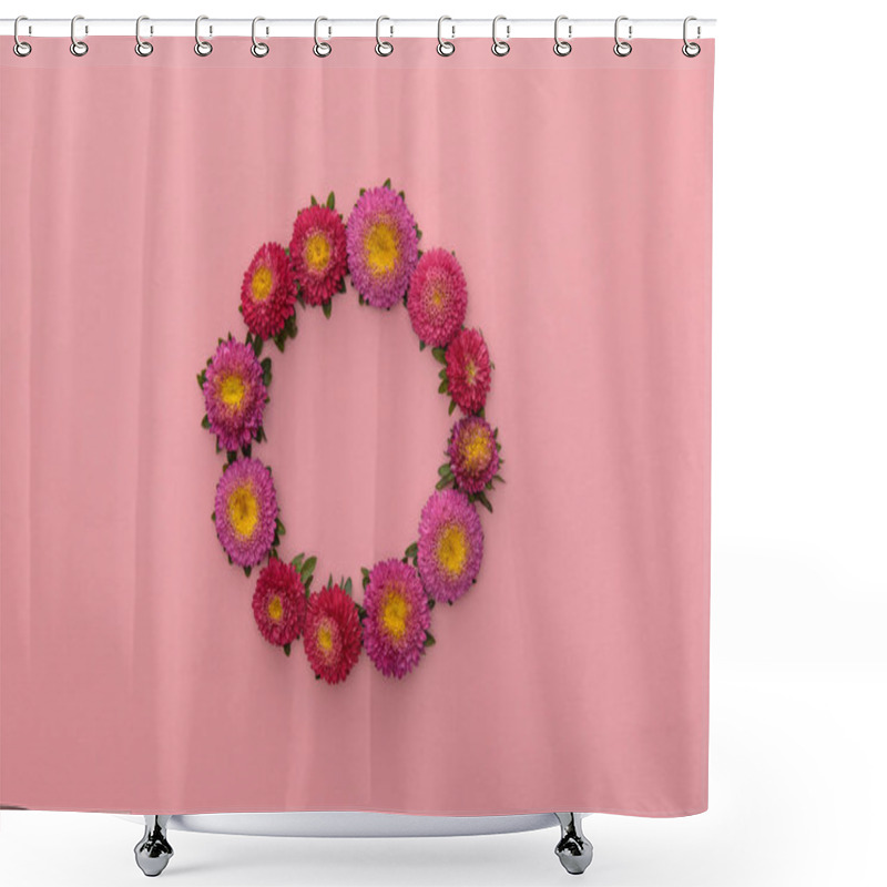 Personality  Wreath Of Purple Asters On Pink Background With Copy Space Shower Curtains