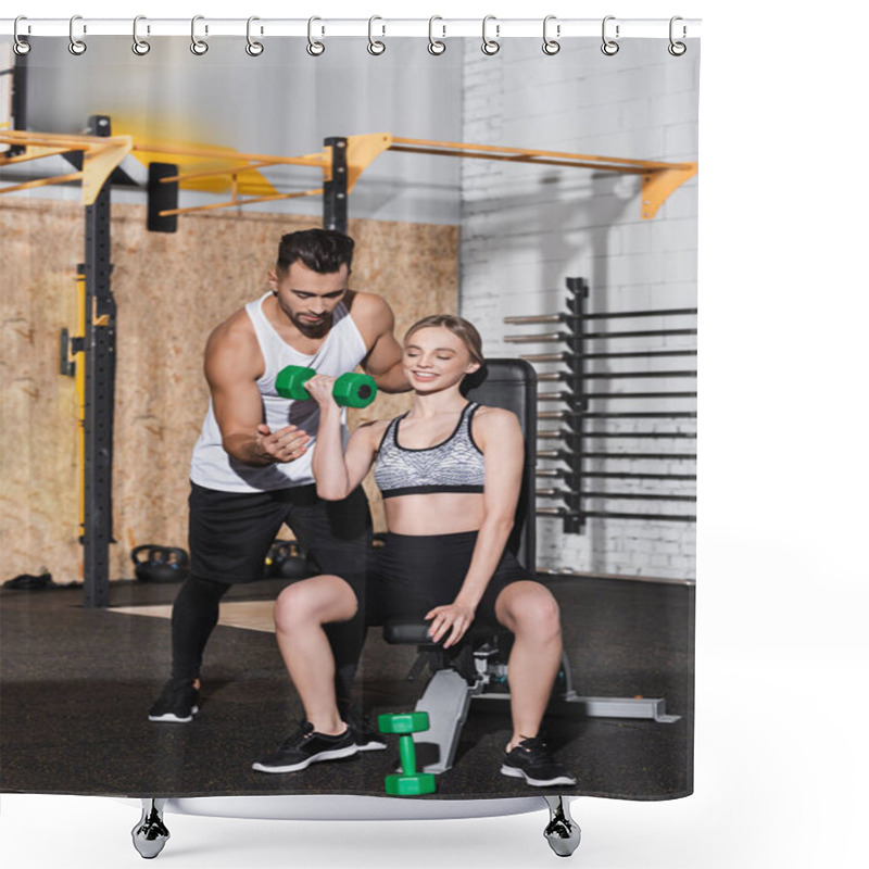 Personality  Smiling Woman Training With Dumbbells Near Trainer In Gym  Shower Curtains