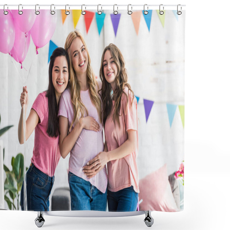 Personality  Smiling Multicultural Women Touching Pregnant Friend Belly At Baby-party Shower Curtains